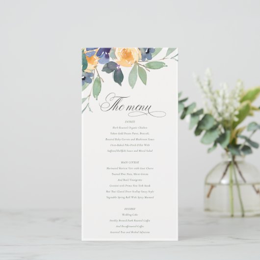 Cheerful Yellow Blue Floral Wedding Menu Kaart (Staand voorkant)