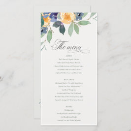 Cheerful Yellow Blue Floral Wedding Menu Kaart