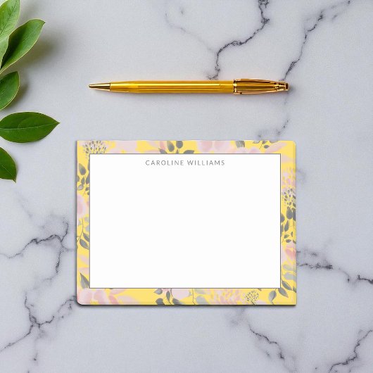 Cheerful Yellow Pink Grey Floral Pattern met naam Post-it® Notes