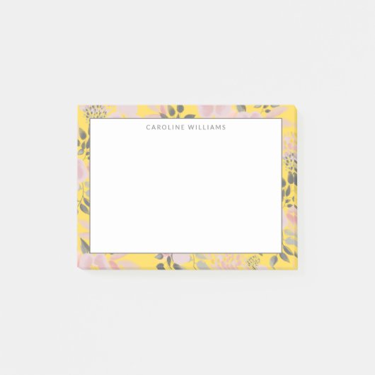 Cheerful Yellow Pink Grey Floral Pattern met naam Post-it® Notes (Voorkant)