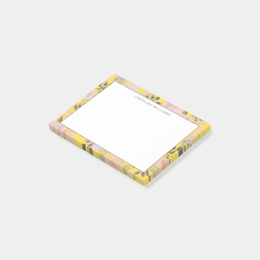 Cheerful Yellow Pink Grey Floral Pattern met naam Post-it® Notes (Schuin)