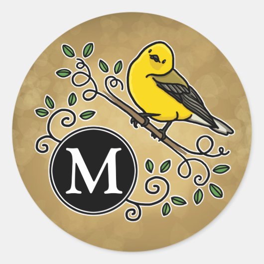 Cheerful Yellow Prothonotary Warbler met monogram Ronde Sticker (Voorkant)