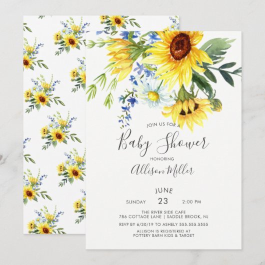 Cheerful Yellow Sunflower Florence Baby shower Kaart (Voorkant / Achterkant)