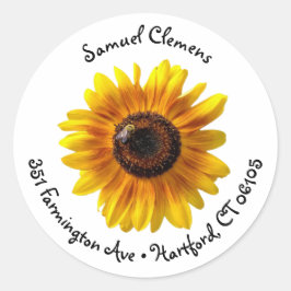 Cheerful Yellow Sunflower met bijenadreslabel Ronde Sticker