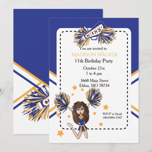 Cheerleader Birthday Party in Blue & Gold Kaart (Voorkant / Achterkant)