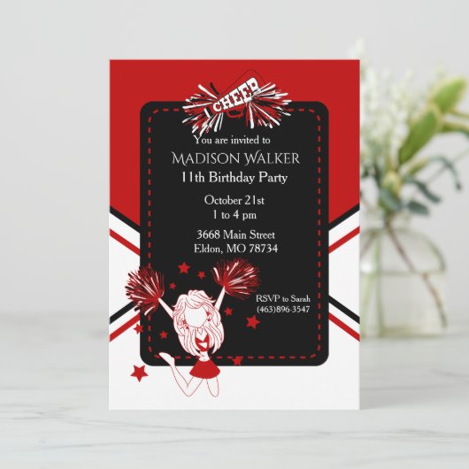 Cheerleader Birthday Party in Dark Red Kaart (Staand voorkant)
