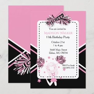 Cheerleader Birthday Party in Pink, Black & White Kaart