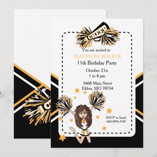 Cheerleader Birthday Party in White, Black & Gold Kaart (Voorkant / Achterkant)