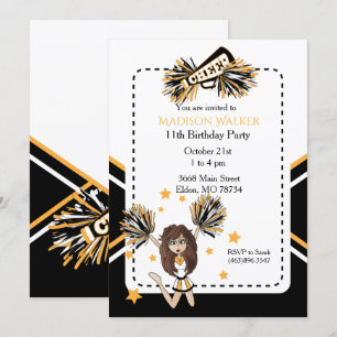Cheerleader Birthday Party in White, Black & Gold Kaart