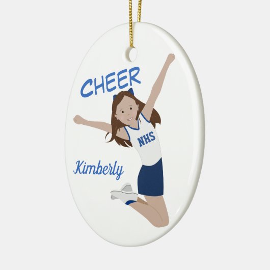 Cheerleader Brunette Dark Blue & White Keramisch Ornament (Links)