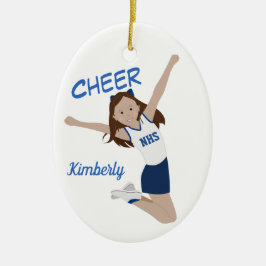 Cheerleader Brunette Dark Blue & White Keramisch Ornament