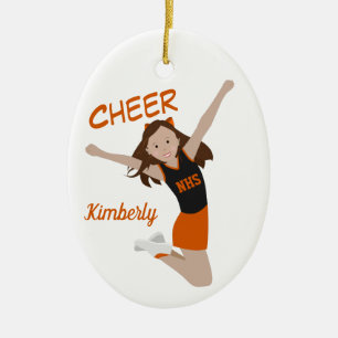 Cheerleader Brunette Oranje & Black Keramisch Ornament