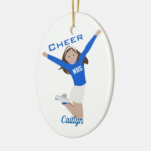 Cheerleader Dark Brunette Blue & White Keramisch Ornament (Links)