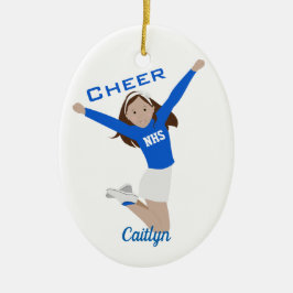Cheerleader Dark Brunette Blue & White Keramisch Ornament