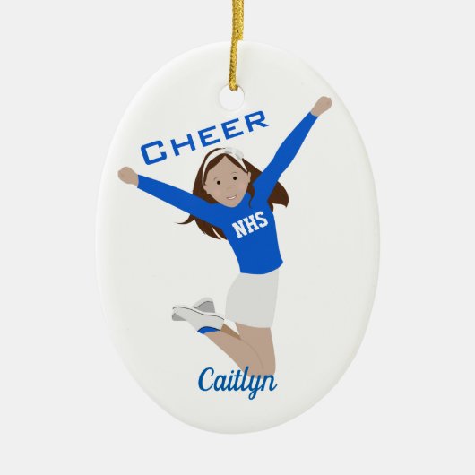 Cheerleader Dark Brunette Blue & White Keramisch Ornament (Voorkant)