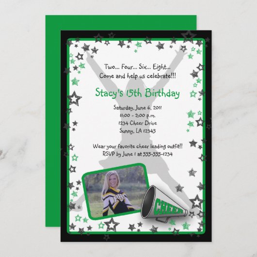 Cheerleader Foto Uitnodiging Groen (Voorkant / Achterkant)