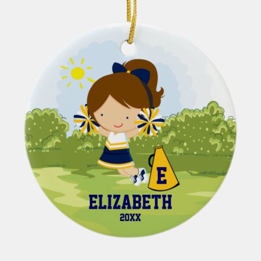 Cheerleader Girl-kerstornament Blue Gold Keramisch Ornament (Voorkant)