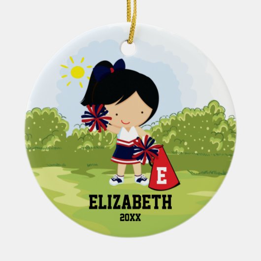 Cheerleader Girl-kerstornament Blue Red Keramisch Ornament (Voorkant)