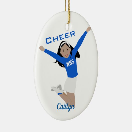 Cheerleader in blauw en wit met zwart haar keramisch ornament (Rechts)