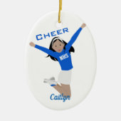 Cheerleader in blauw en wit met zwart haar keramisch ornament (Voorkant)