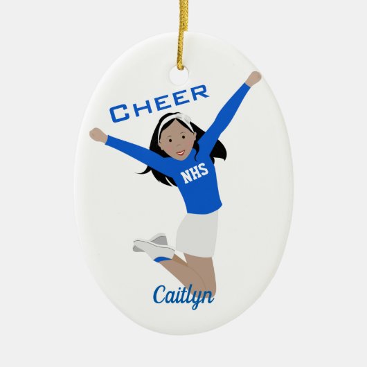 Cheerleader in blauw en wit met zwart haar keramisch ornament (Voorkant)