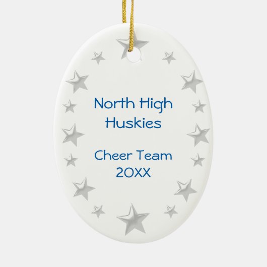 Cheerleader in blauw en wit met zwart haar keramisch ornament (Achterkant)