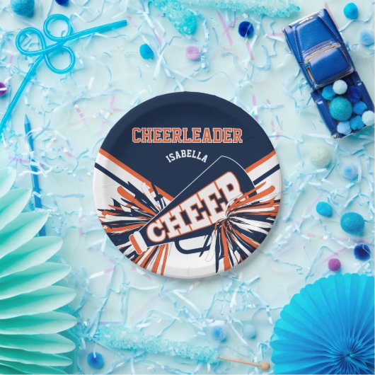 Cheerleader in Blauw, Sinaasappel, Wit Papieren Bordje (Feest)