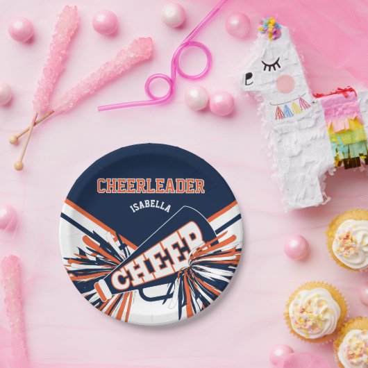 Cheerleader in Blauw, Sinaasappel, Wit Papieren Bordje (Feest)