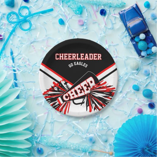 Cheerleader in rood, wit en zwart papieren bordje (Feest)