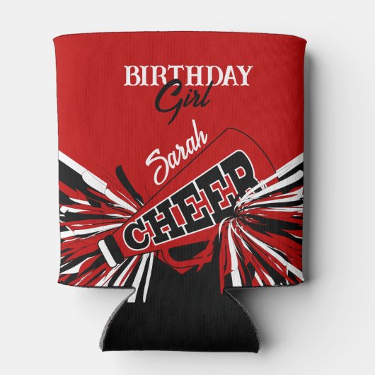 Cheerleader in rood, zwart en wit blikjeskoeler (Achterkant)