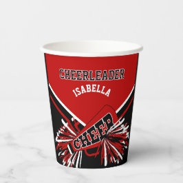 Cheerleader in rood, zwart en wit papieren bekers