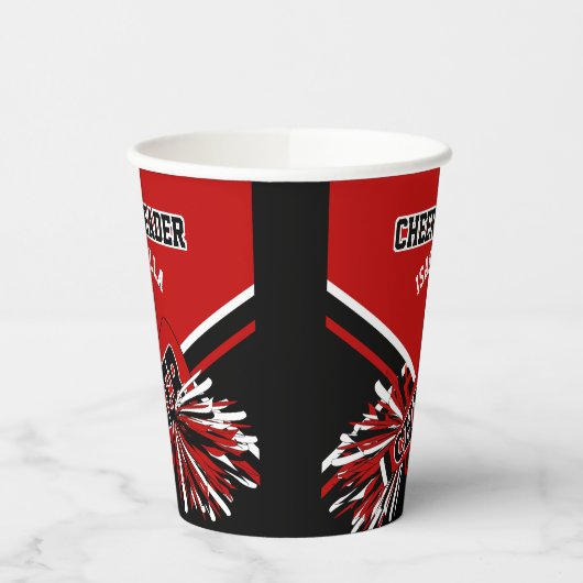 Cheerleader in rood, zwart en wit papieren bekers (Links)