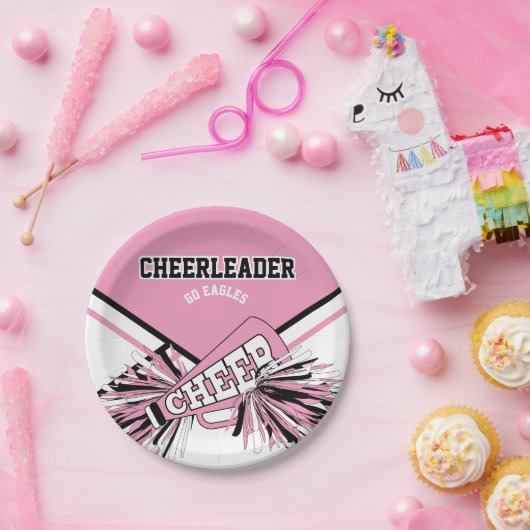 Cheerleader in roze, wit en zwart papieren bordje (Feest)