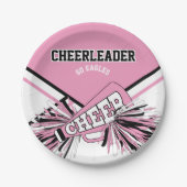 Cheerleader in roze, wit en zwart papieren bordje (Voorkant)