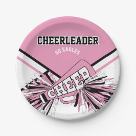Cheerleader in roze, wit en zwart papieren bordje
