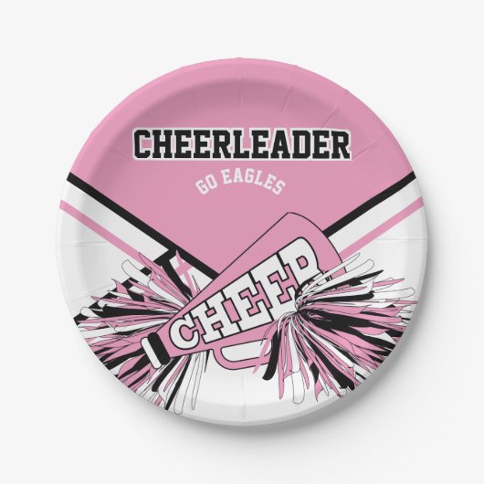 Cheerleader in roze, wit en zwart papieren bordje (Voorkant)