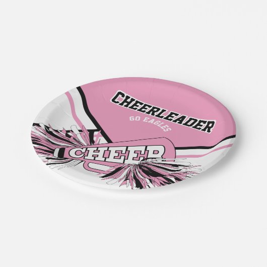 Cheerleader in roze, wit en zwart papieren bordje (Gekanteld)