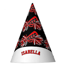 Cheerleader in zwart, wit en rood feesthoedjes