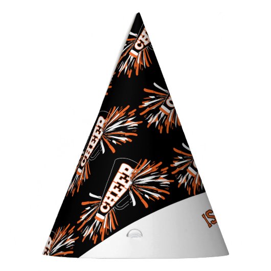 Cheerleader in zwart, wit en Sinaasappel Feesthoedjes (Links)