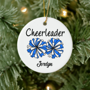 Cheerleader met blauwe en witte pompons keramisch ornament