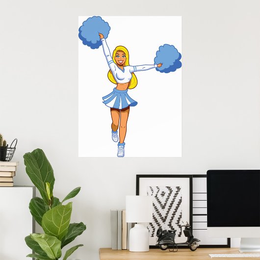 Cheerleader met blauwe Pom Poms Poster
