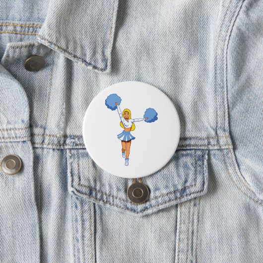 Cheerleader met blauwe Pom Poms Ronde Button 7,6 Cm (In situ)