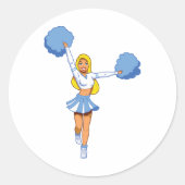 Cheerleader met blauwe Pom Poms Ronde Sticker (Voorkant)