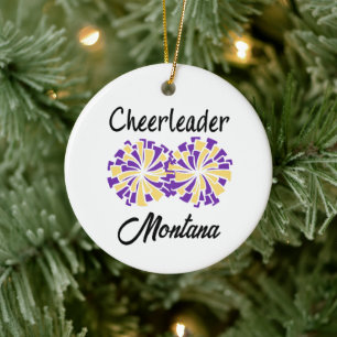 Cheerleader met paarse en gele/gouden pompons keramisch ornament