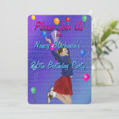 Cheerleader, Paarse en Ballonnen Verjaardag Uitnod Kaart (Staand voorkant)
