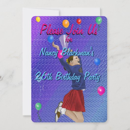 Cheerleader, Paarse en Ballonnen Verjaardag Uitnod Kaart (Voorkant)