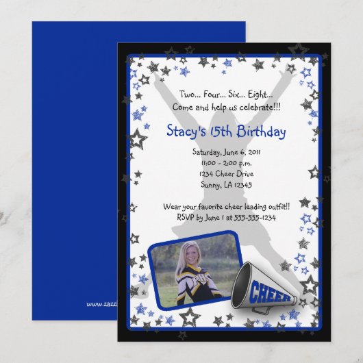 Cheerleader Photo Invitation Blue Kaart (Voorkant / Achterkant)