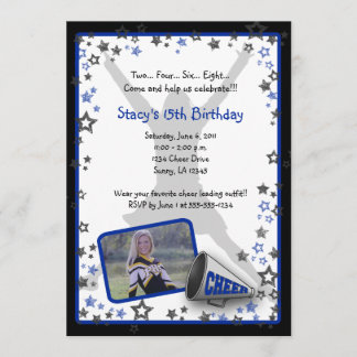 Cheerleader Photo Invitation Blue Kaart