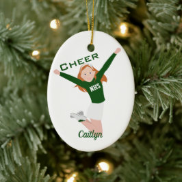 Cheerleader Redhead Green & White Keramisch Ornament