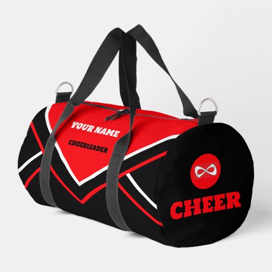 Cheerleader tas, gepersonaliseerd rood, wit en zwa plunjezak (Linkerhoek)